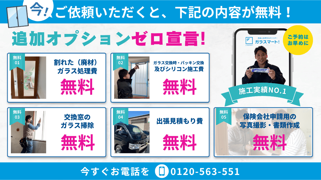 ご依頼いただくと、割れたガラスの回収費・シリコン施工費・ガラス掃除・出張見積り費・写真報告と書類作成がすべて無料