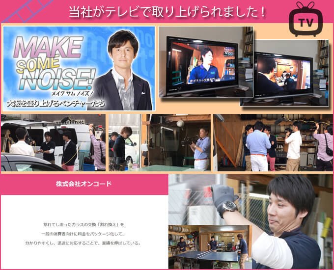 「MAKE SOME NOISE! 大阪を盛り上げるベンチャーたち」で当社が紹介されたときの番組画面と取材の様子